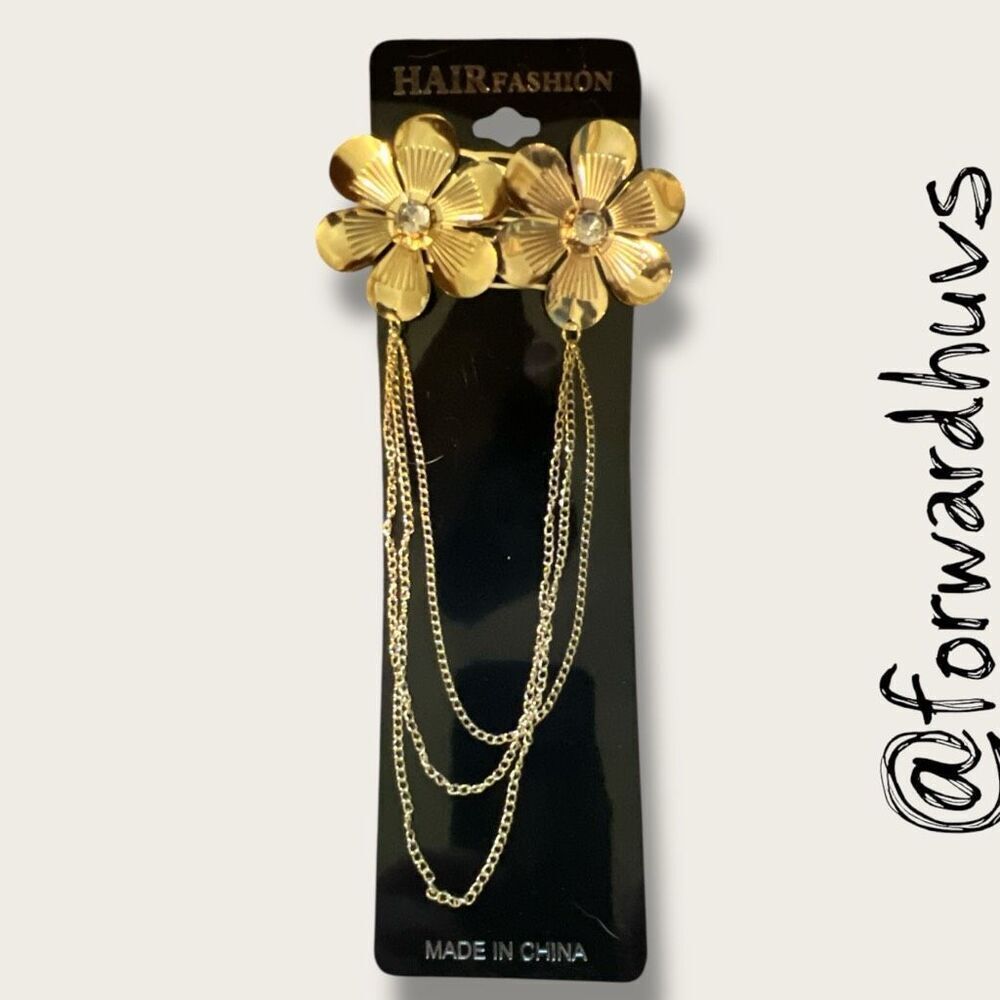 Bundle Sale 3 for $15 | Floral Hair Clips with Chains – Glass Stone Centers